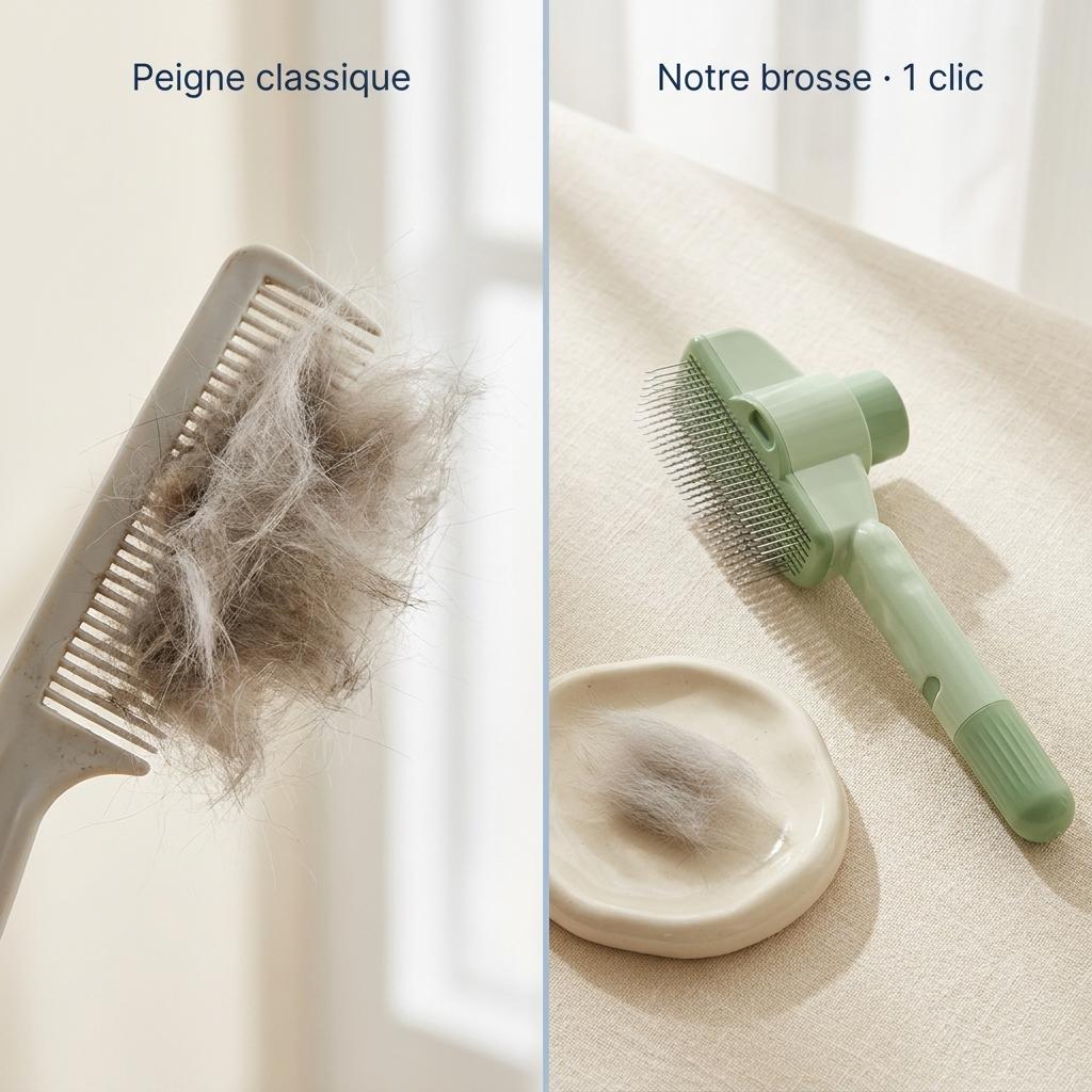 Comparaison : peigne classique engorgé de poils vs notre brosse propre, vidée en un clic